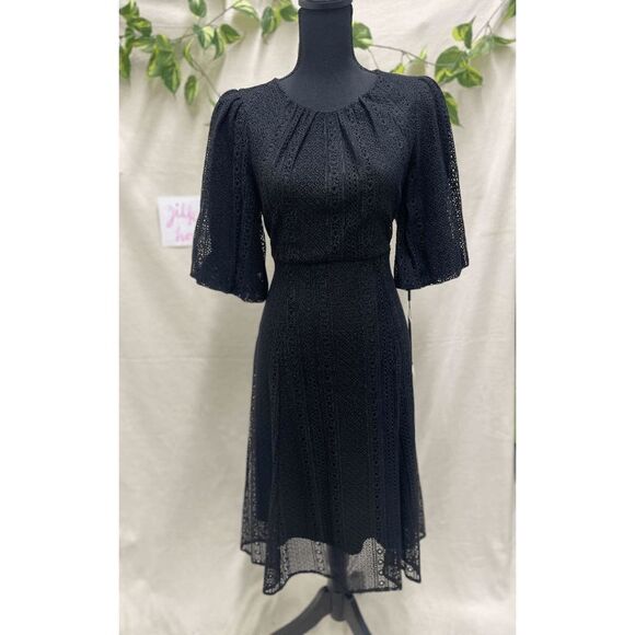 Calvin Klein Women's Balloon-Sleeve Lace Fit & Flare Dress - Black 8 - Picture 2 of 4